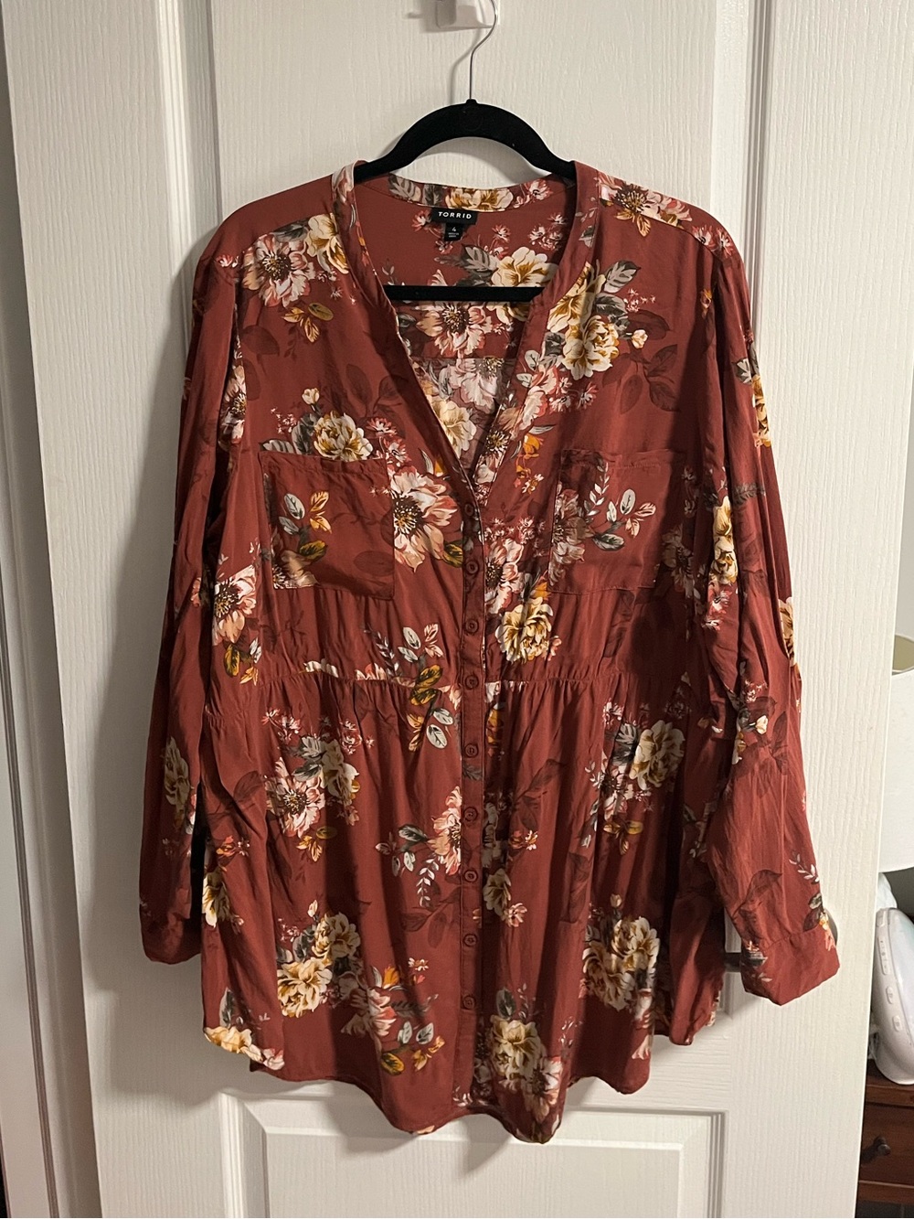 Torrid 4X Orange Floral Babydoll Tunic Blouse Challis Hi Low - Picture 4 of 10